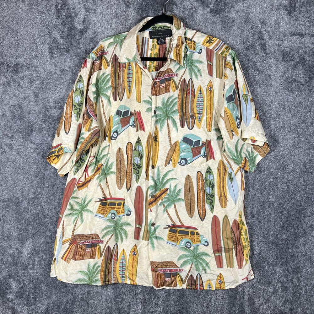 Silk Traders Shirt Mens XL Beige Surfboards Hawaiian Button Up Aloha Silk